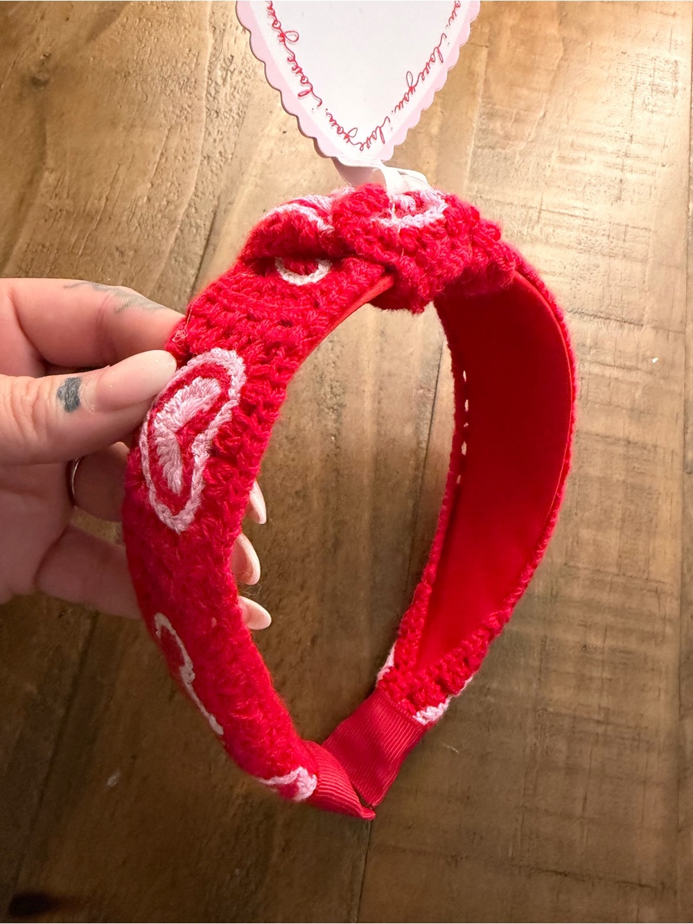 Target Red Knit Padded Headband White Hearts Crochet Accent Girls One Size